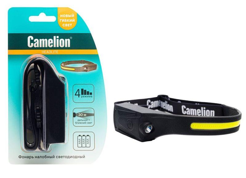 Фонарь налобный LED5383 лента каучук. COB+LED 4 реж. 3XAAA пласт рези блист черн. Camelion 15688