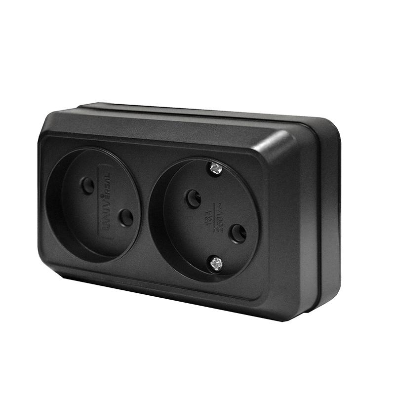 Розетка 2-м ОП Олимп 16А IP20 без заземл. черн. Universal 2215