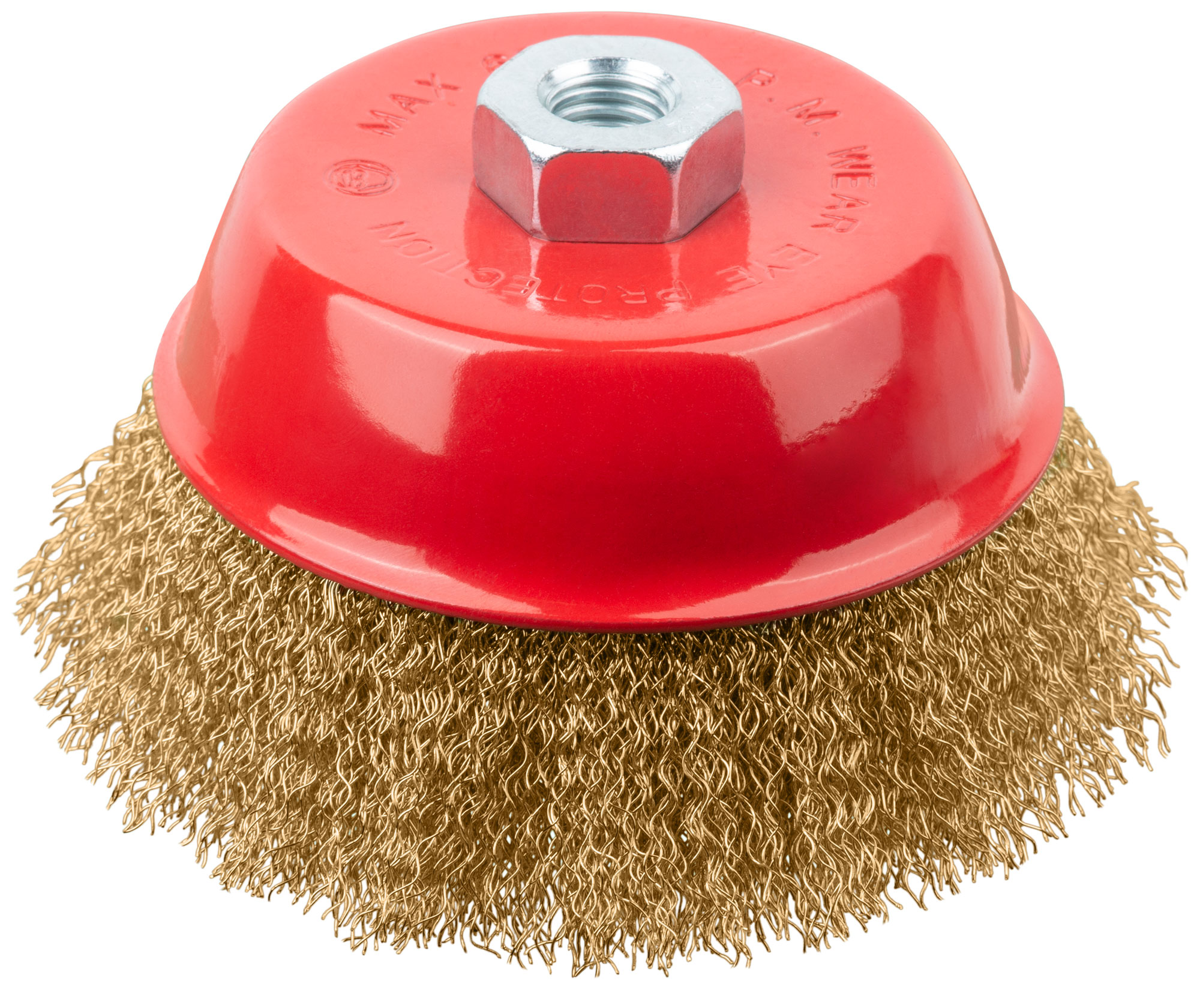 Корщетка-чашка, гайка М14, стальная латунированная волнистая проволока 125 мм