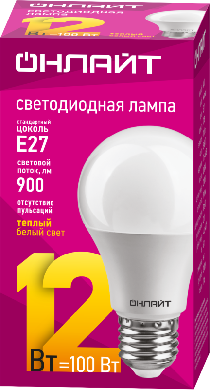 Лампа светодиодная 71 682 OLL-А60-12-230-2.7K-E27 12Вт грушевидная 2700К тепл. бел. E27 1200лм 176-264В ОНЛАЙТ 71682