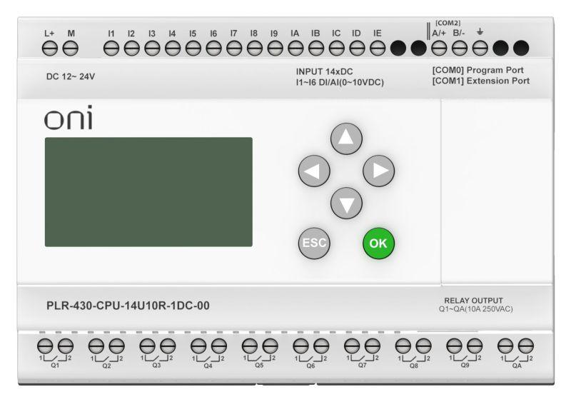 Модуль ЦПУ ПЛК 430 8 DI 6 UI (0-10В/DI) 10 RO 24В DC с экраном ONI PLR-430-CPU-14U10R-1DC-00
