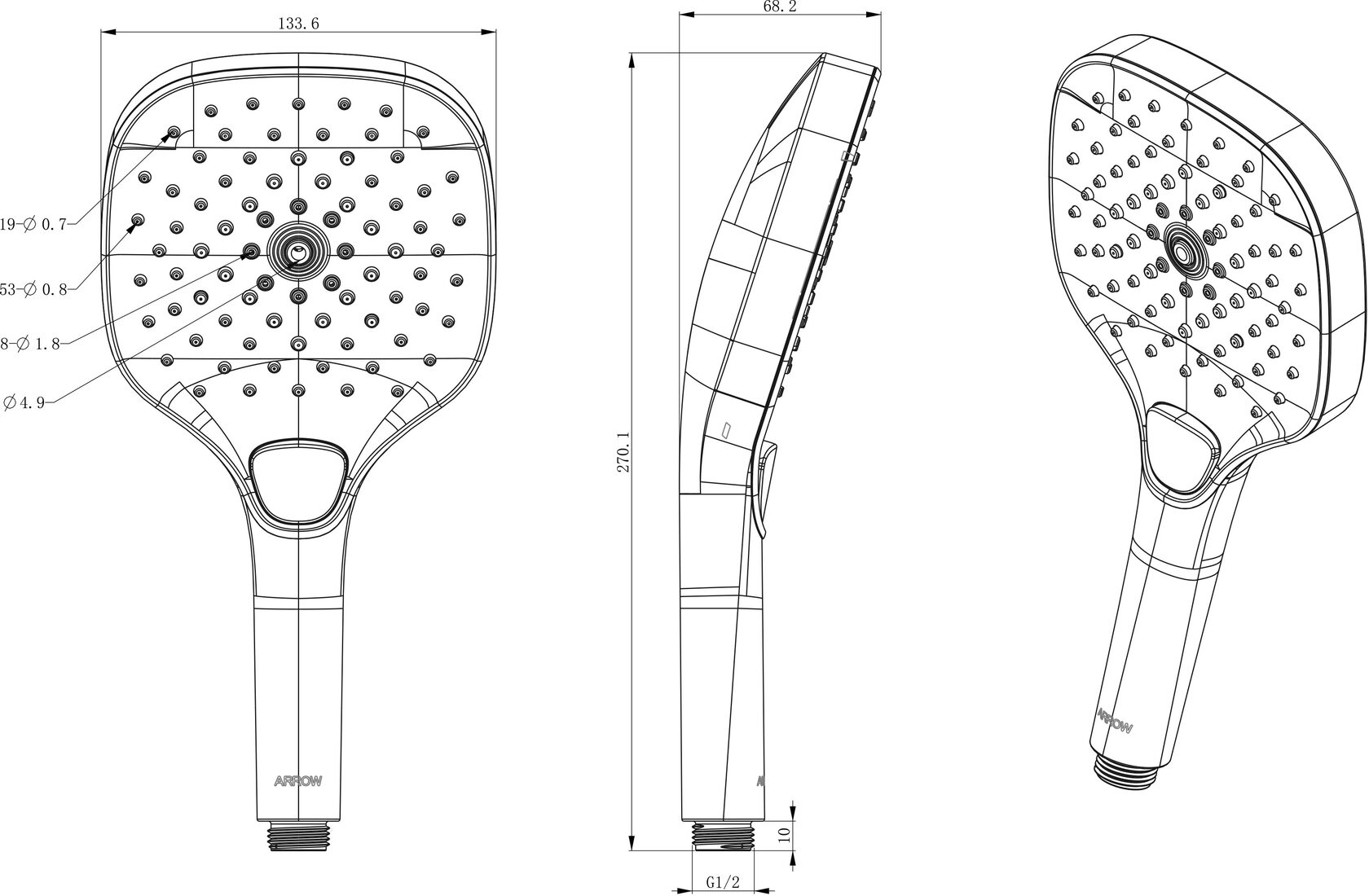 Душевая лейка Arrow AG3905CP, 3 режима, хром