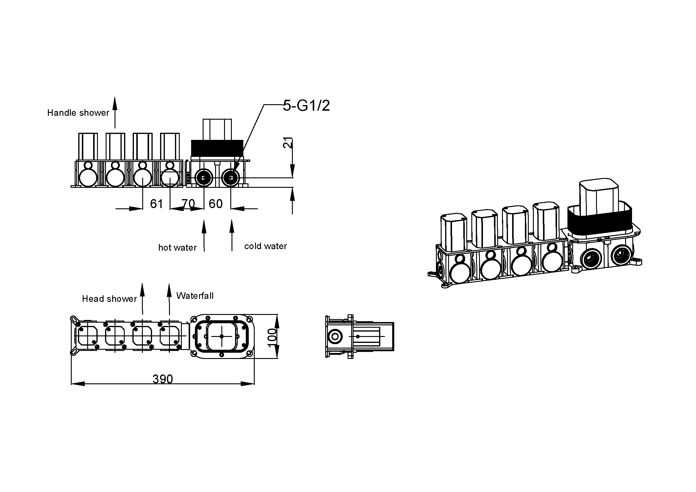 Встроенная душевая система  ZODIAC с термостатом, трехпозиционная Black