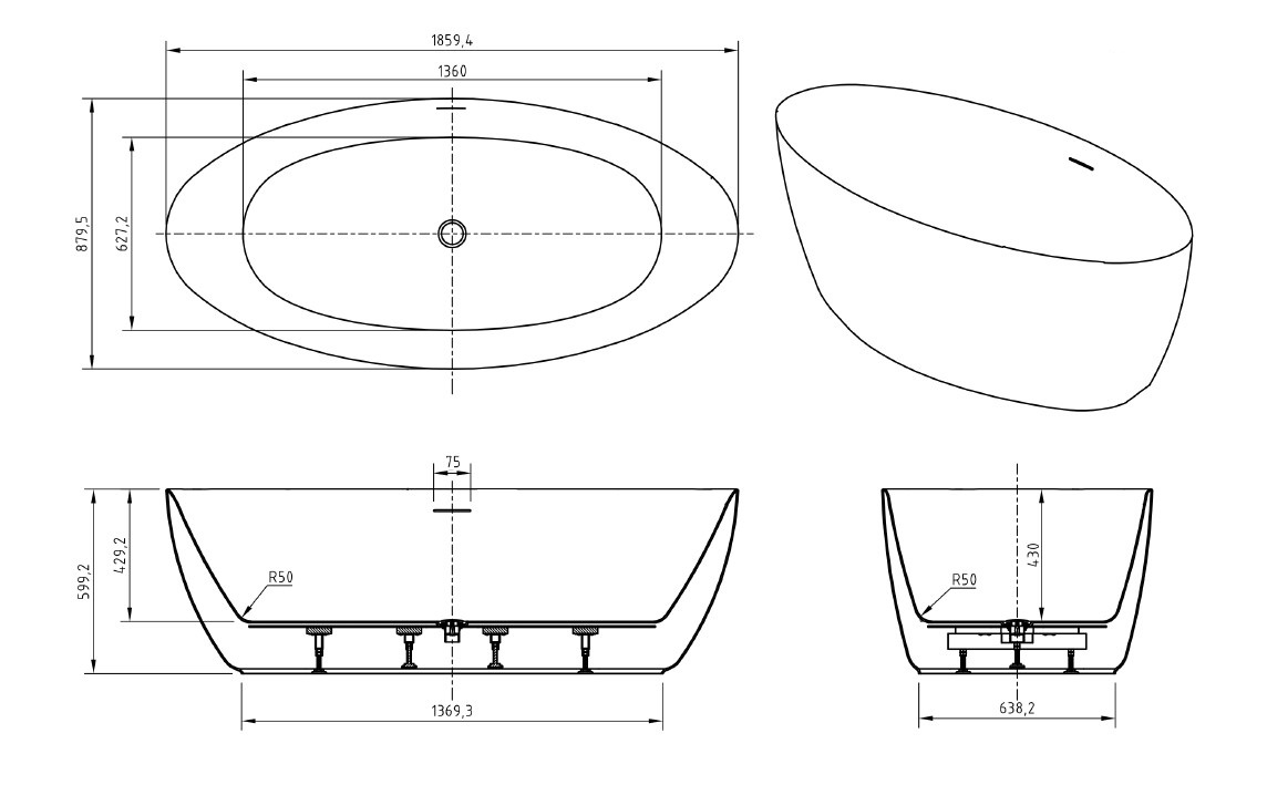 Акриловая ванна BELBAGNO BB707-1860-880