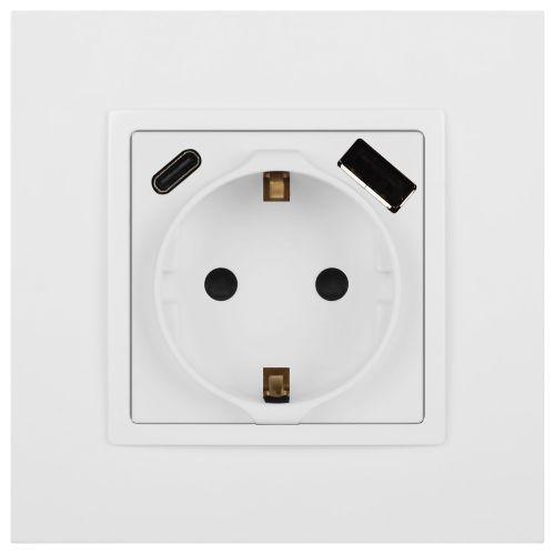 Розетка Elegance 14-4108-01М 16A 250В 2P+E защ. шторки с USB type-A+C 3А 5В матов. бел. Эра Б0067710