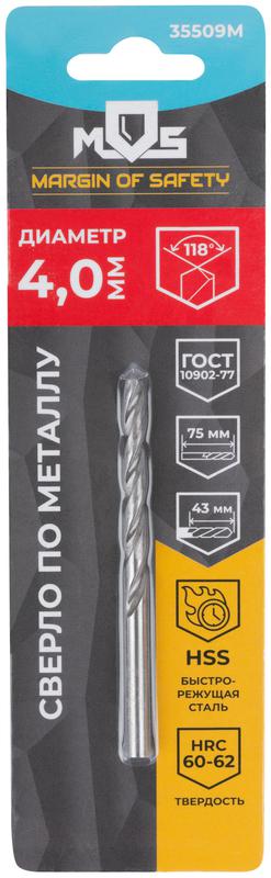 Сверло по металлу HSS в блистере угол заточки 118град. 4.0х75мм MOS 35509М