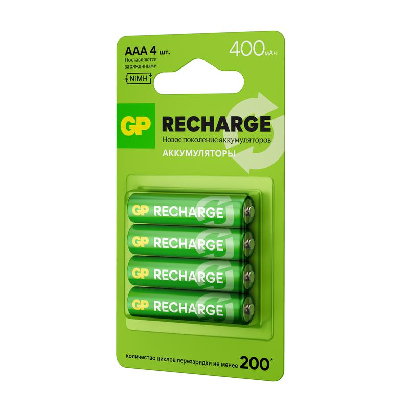 Аккумулятор AAA/HR03 RECHARGE 1.2В 400мА.ч (блист.4шт) GP 20249
