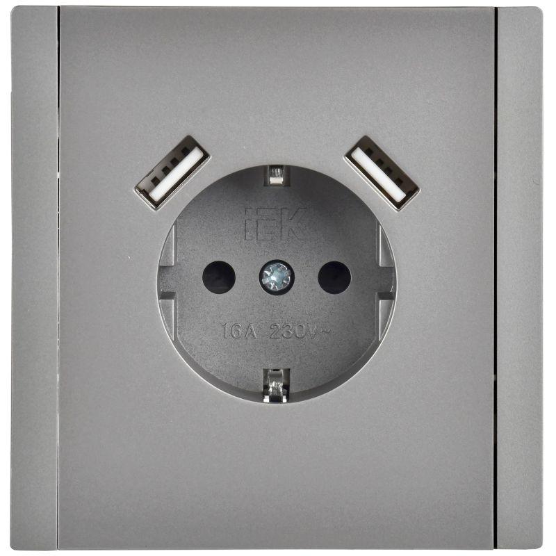 Розетка FORTE&PIANO FP545 16А USB A+A 3.1А с заземл. защ. шторки винт. крепл. сталь IEK FP-R14-16-U21-D31-K46