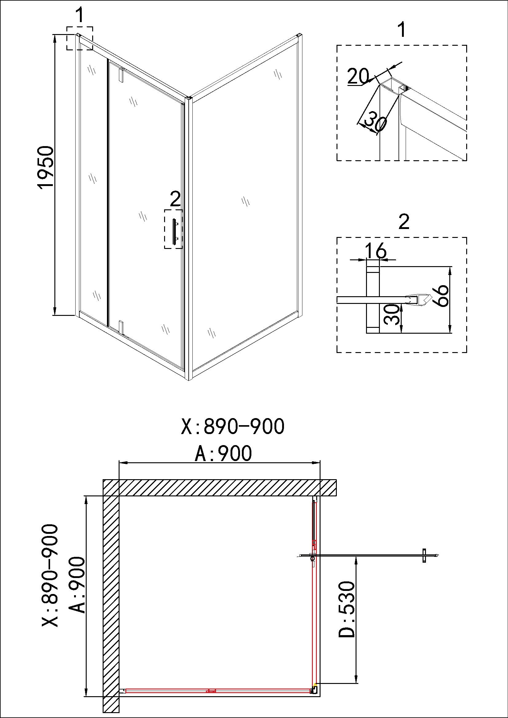 Душевое ограждение NG-43-9AG-A90G (90*90*195) квадрат, дверь распашная