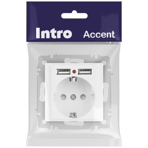 Розетка 1-м СП Accent 6-410-01М 16А IP20 250В P+E Schuko защ. шторки + 2хUSB бел. матов. Intro Б0063691