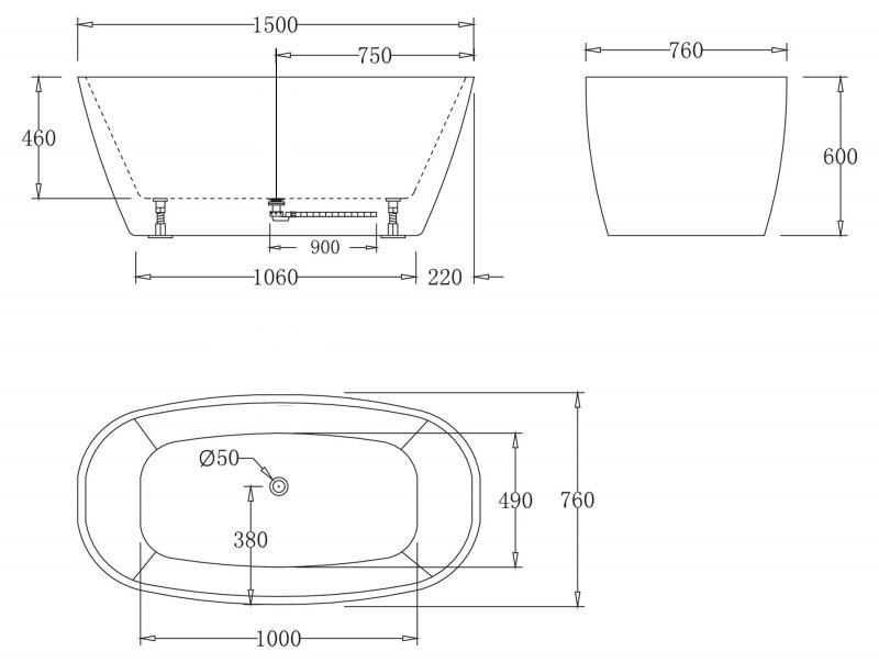 Акриловая ванна без перелива BELBAGNO BB72-1500-W0, 1500x760x600