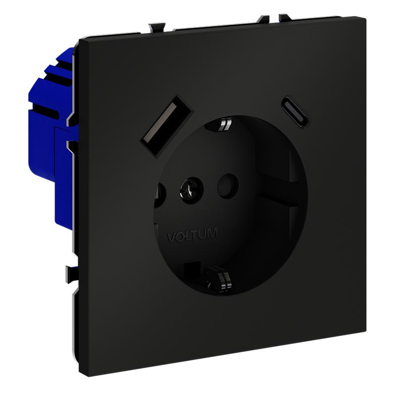 Розетка 1-м СП S70 16А с USB A+С с заземл. защ. шторки механизм черн. матов. Voltum VLS040508