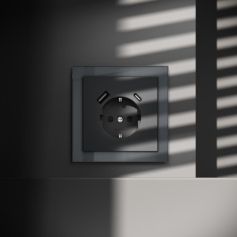Розетка 1-м СП S70 16А с USB A+С с заземл. защ. шторки механизм графит Voltum VLS040507
