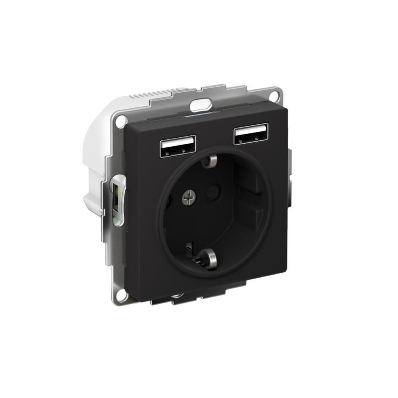 Розетка 1-м СП AtlasDesign 16А IP20 с 2-мя заряд. устройствами USB тип A+A 5В/2.4А 2х5В/1.2А механизм карбон SE ATN001030