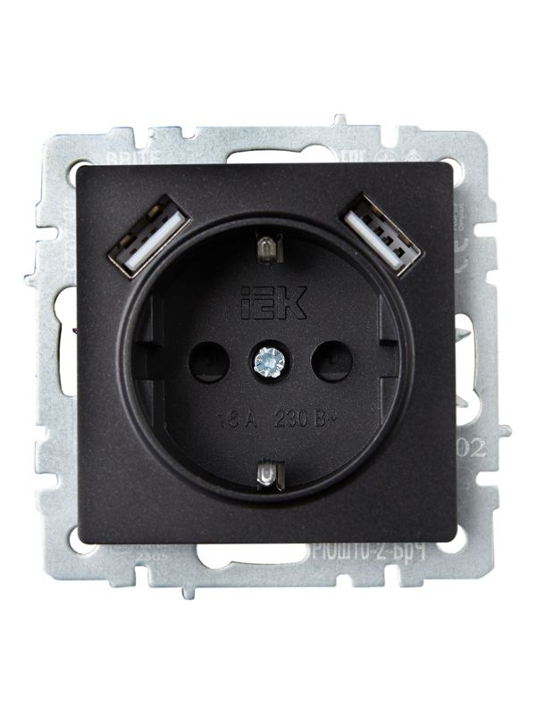 Розетка BRITE РЮш10-2-БрЧ 16А с USB A+A 3.1А с заземл. защ. шторки механизм черн. IEK BR-R14-16-U21-D31-K02