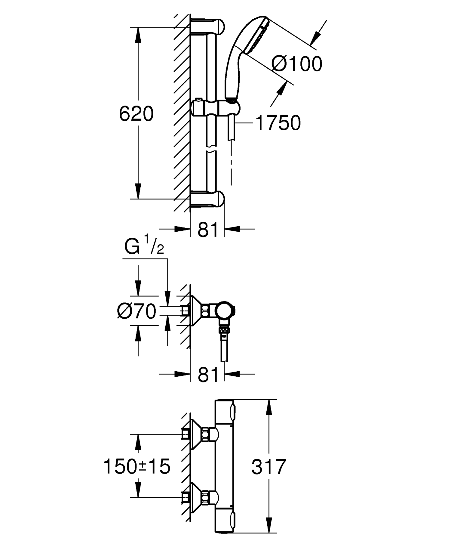 34796000 Термостат для душа GROHE Grohtherm 500, с душевым гарнитуром, хром
