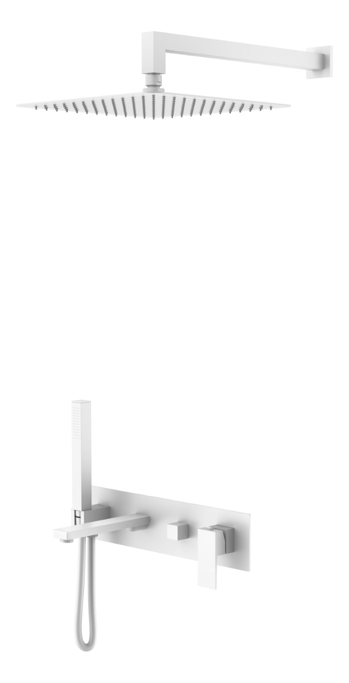 Смеситель встроенный + верхний+ ручной душ Qubic Matt White с изливом