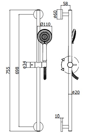 ZSAL146NO Душ.стойка из латуни GINEVRA 755мм, фиксаторы неподвиж. из металла, поворот.подвиж.крепл.для душа, душ GINEVRA из ABS 3 режима, диам.110мм, шланг из PVC 1500мм
