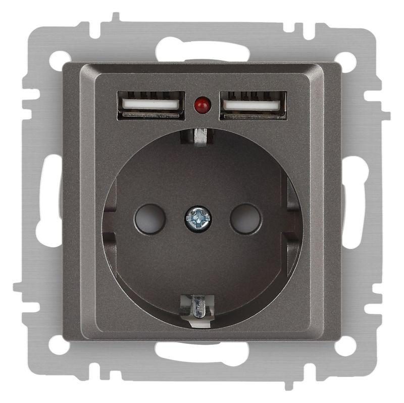 Розетка 1-м СП Accent 6-410-09 16А IP20 250В P+E Schuko + 2хUSB защ. шторки титан Intro Б0063711