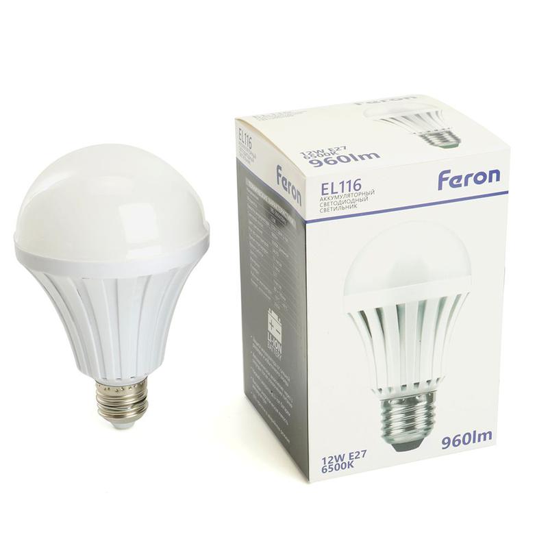 Светильник EL116 12Вт Е27 AC/DC аккумуляторный бел. FERON 48980