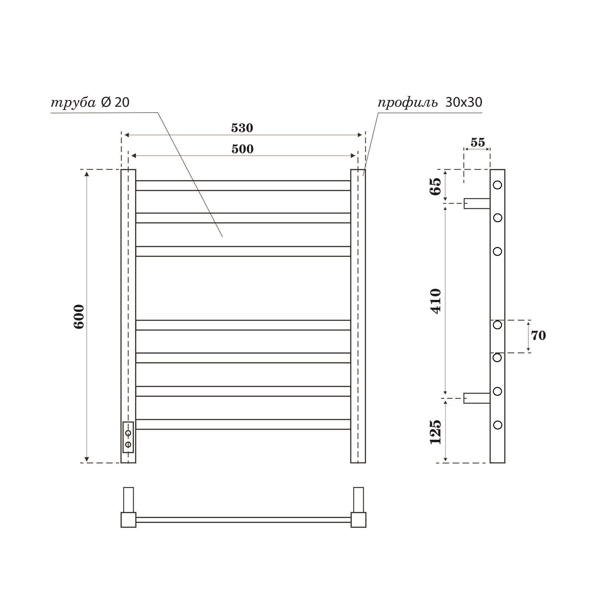 Полотенцесушитель электрический Point Веста PN70756GR П7 500x600, диммер слева, графит премиум