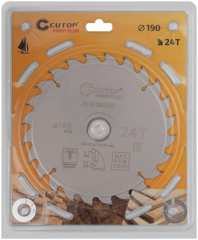 Диск пильный по дереву с тефлоновым покрытием 24Т Profi plus 190х1.5/2.2х30/25.4/20/16мм Cutop 75-19024Т