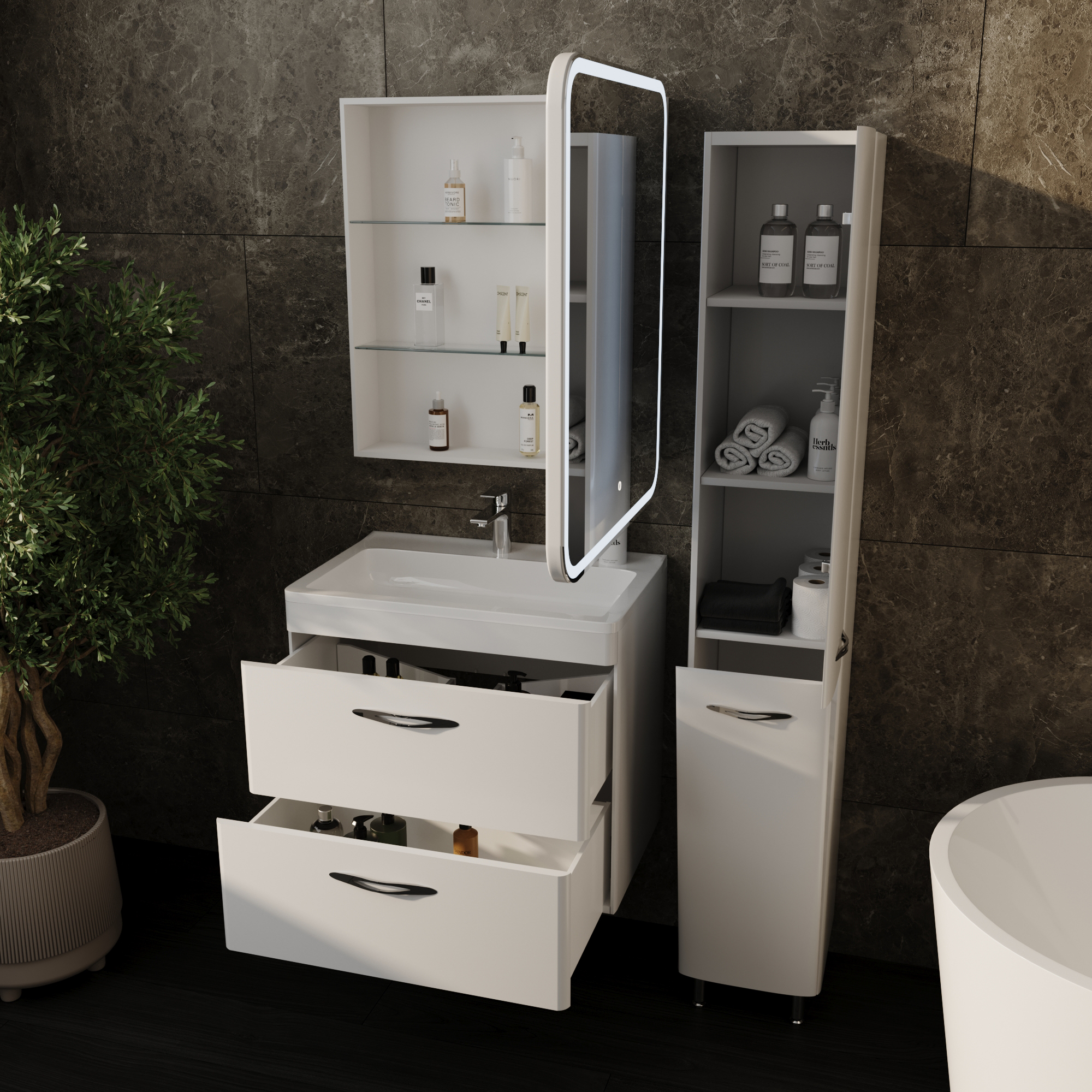 Тумба подвесная "Каре 70" (2 ящ.) Люкс белая, PLUS