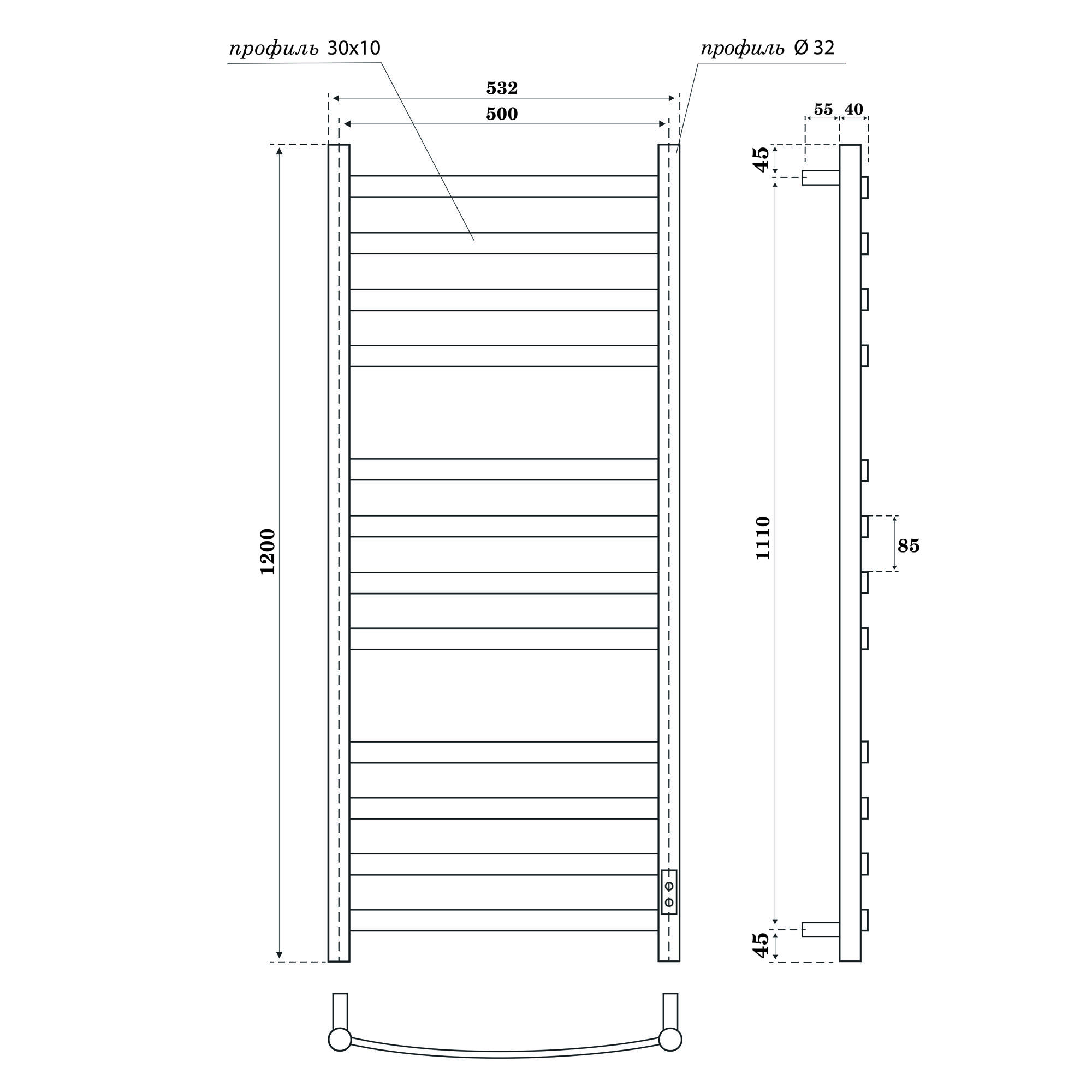 Полотенцесушитель электрический Point Антея PN17852W П12 500x1200, диммер справа, белый