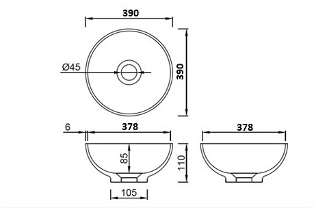 Раковина-чаша кориан круглая матовая, Slim 39см 390*390*145