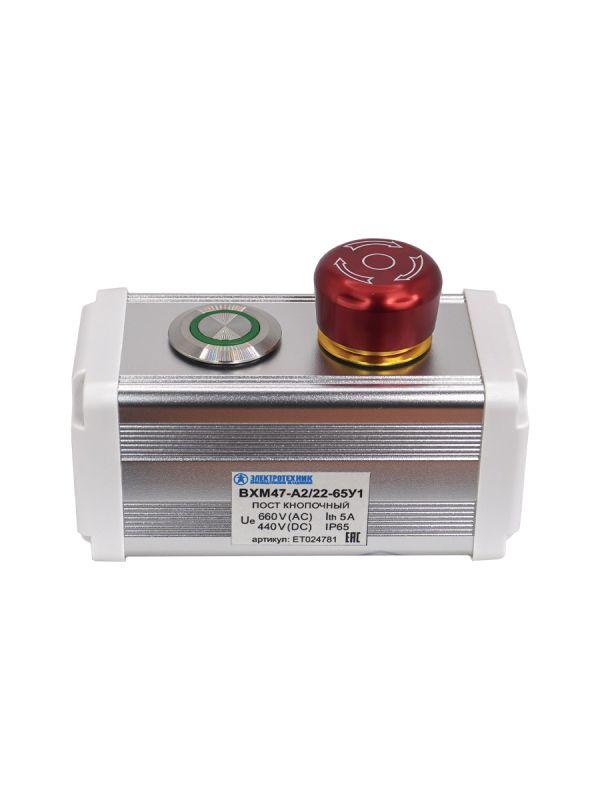 Пост управления BXM47-A2/22-65У1 1 цилиндрическая кнопка 1C1NO1NC зел. + 1 грибовидная кнопка с фиксацией 1C1NO1NC красн. Электротехник ET024781