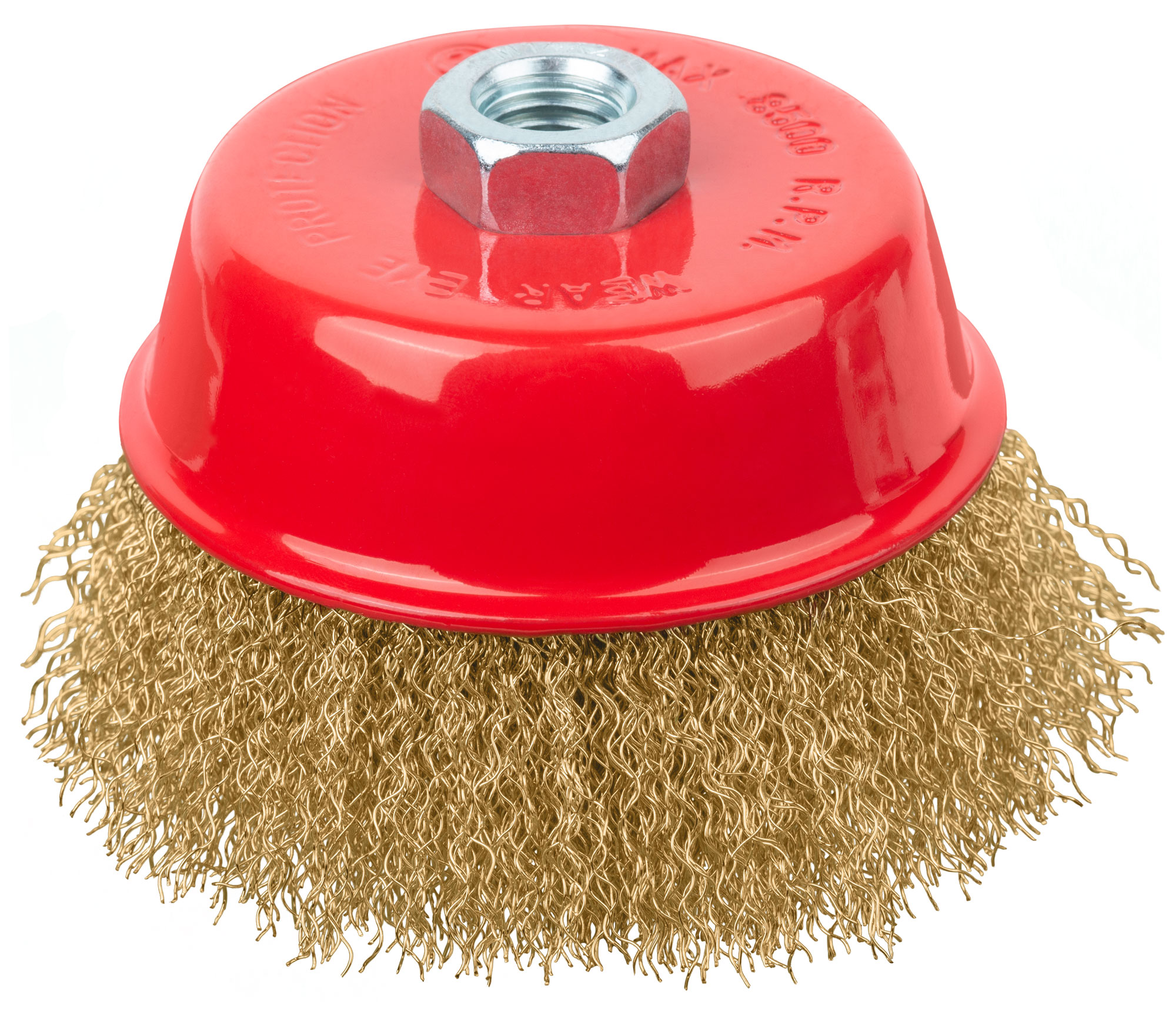 Корщетка-чашка, гайка М14, стальная латунированная волнистая проволока 100 мм