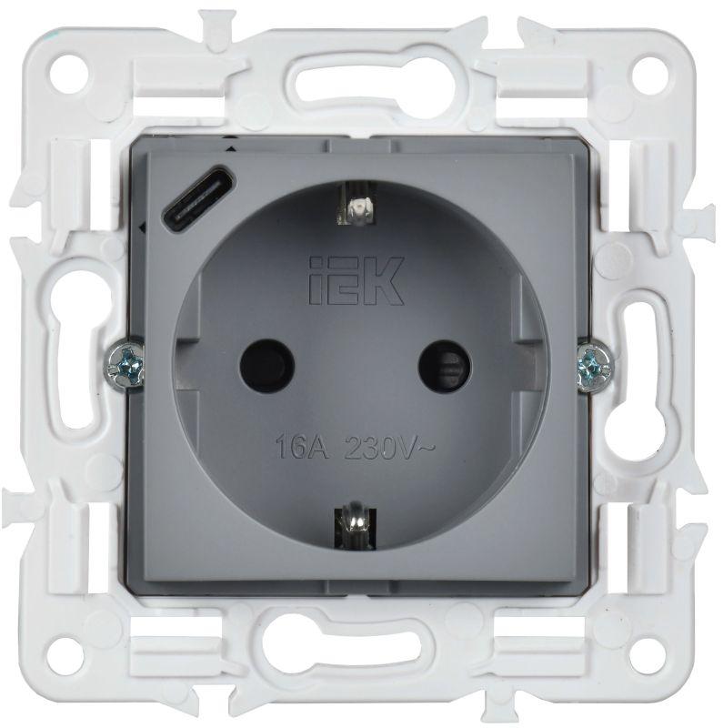 Розетка SKANDY 18Вт 16А с заземл. защ. шторки с USB C SK-R17Gr сер. IEK SK-R14-16-U14-018-K03
