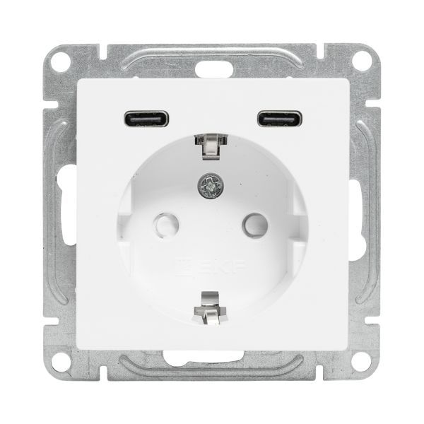 Розетка СП Эпика 16А с 2 USB-C с заземл. защ. шторки механизм бел. EKF UP1-SOW-111-2USBC