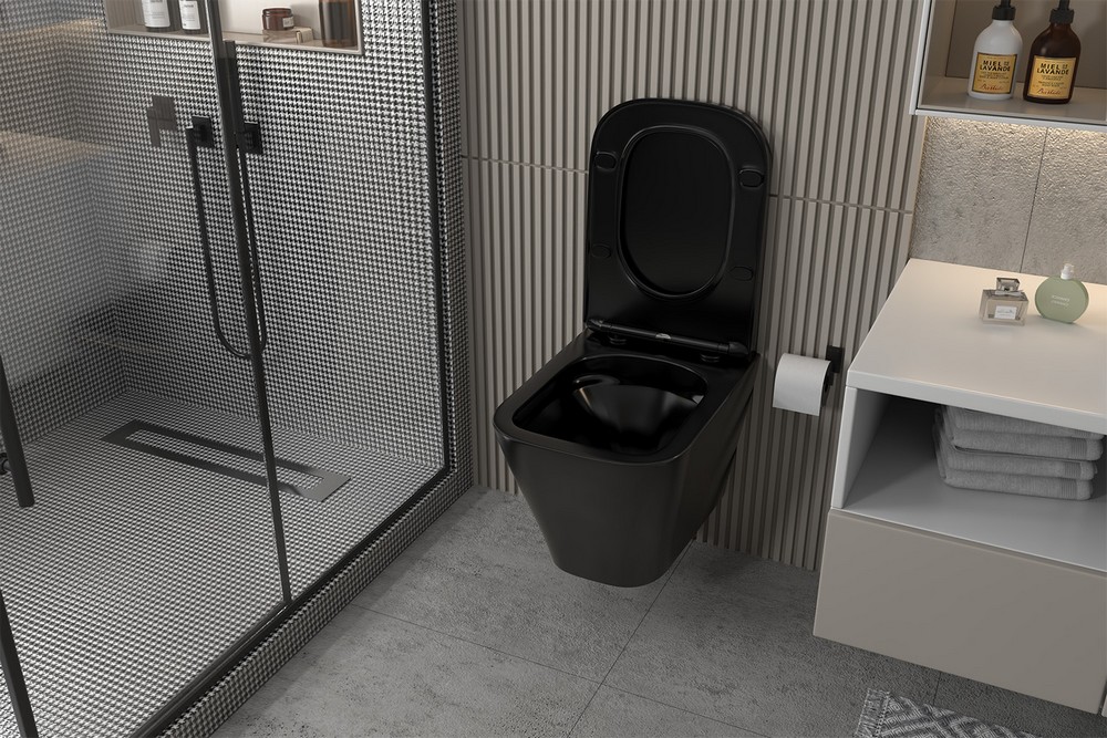 Комплект подвесной унитаз ABBER Rechteck AC1201MB черный матовый с инсталляцией AC0105 и кнопкой AC0121MMG золото матовое