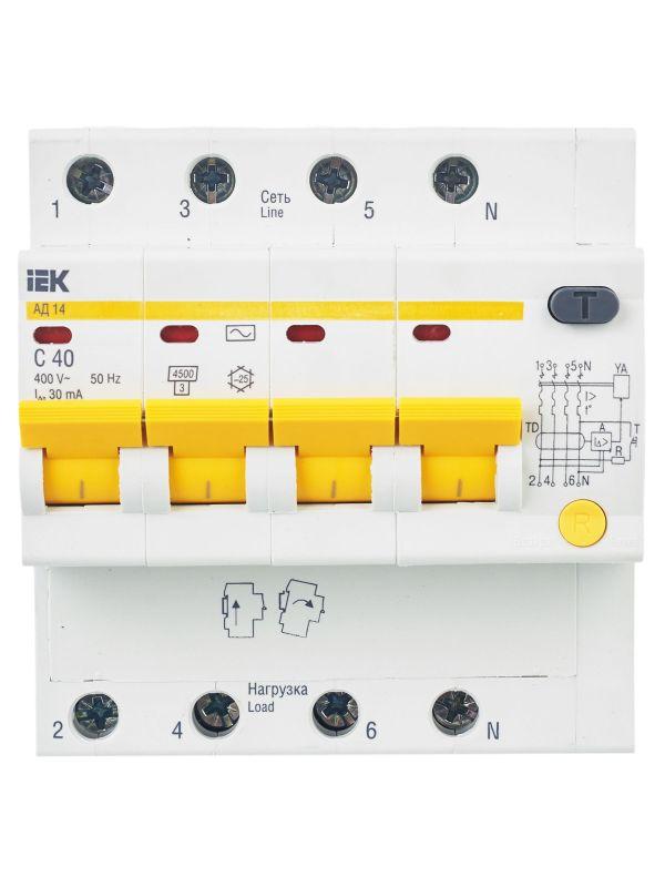 Выключатель автоматический дифференциального тока 4п C 40А 30мА тип AC 4.5кА АД-14 KARAT IEK MAD10-4-040-C-030