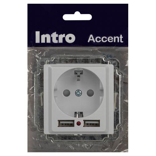 Розетка 1-м СП Accent 6-410-01 16А IP20 250В P+E Schuko защ. шторки + 2хUSB бел. Intro Б0063689