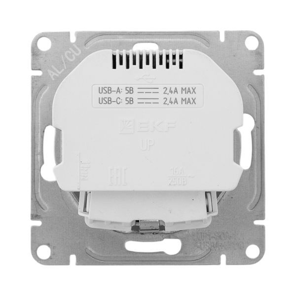 Розетка СП Эпика 16А с 2 USB-A+С с заземл. защ. шторки механизм алюм. EKF UP1-SOA-111-USBA+USBC