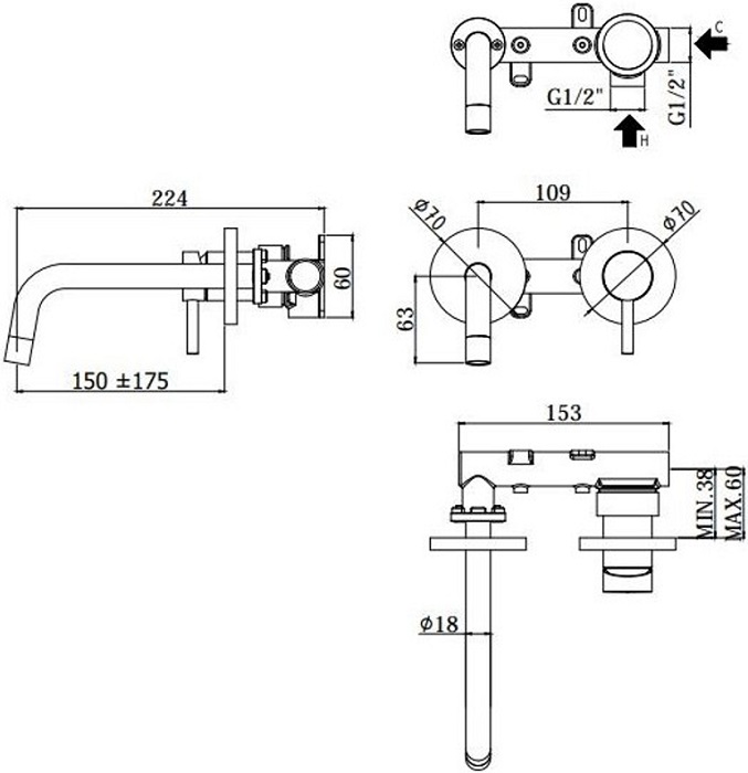 Смеситель для раковины Paffoni Light LIG101NO70 (с внутренней частью)