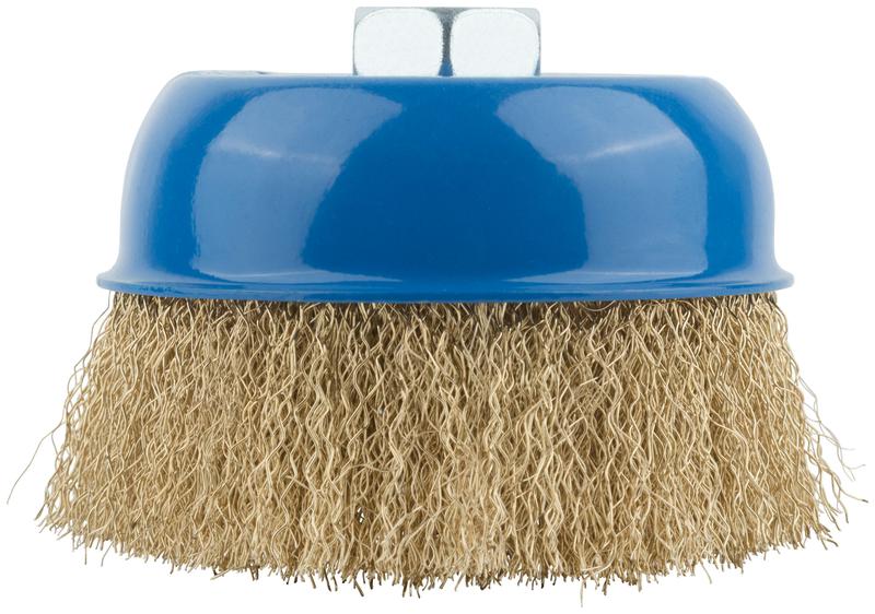 Корщетка тип "чашка" гайка М14 стальная латунированная волнистая проволока 100мм MOS 38943М