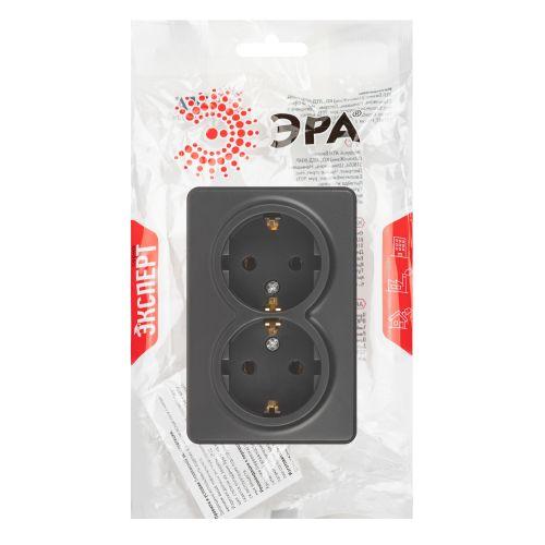 Розетка 2-м ОП Эксперт 11-2205-05 16А IP20 250В 2х2P+E Schuko с заземл. антрацит Эра Б0063047