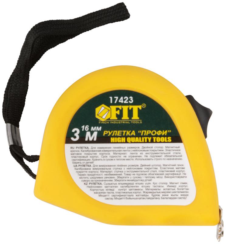 Рулетка Профи 3мх16мм калибр. лента; нейлон. покрытие; магн. крючок; эласт. корпус; двойн. стопор черн./желт. FIT 17423