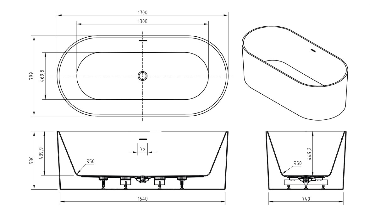 Акриловая ванна BELBAGNO BB705-1700-800