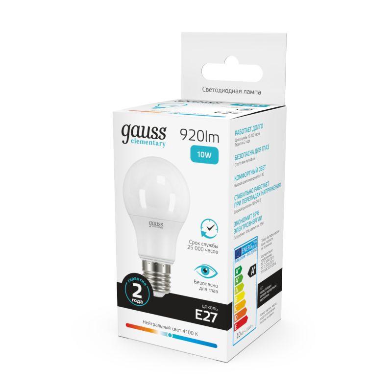 Лампа светодиодная Elementary 10Вт A60 грушевидная 4100К нейтр. бел. E27 920лм GAUSS 23220