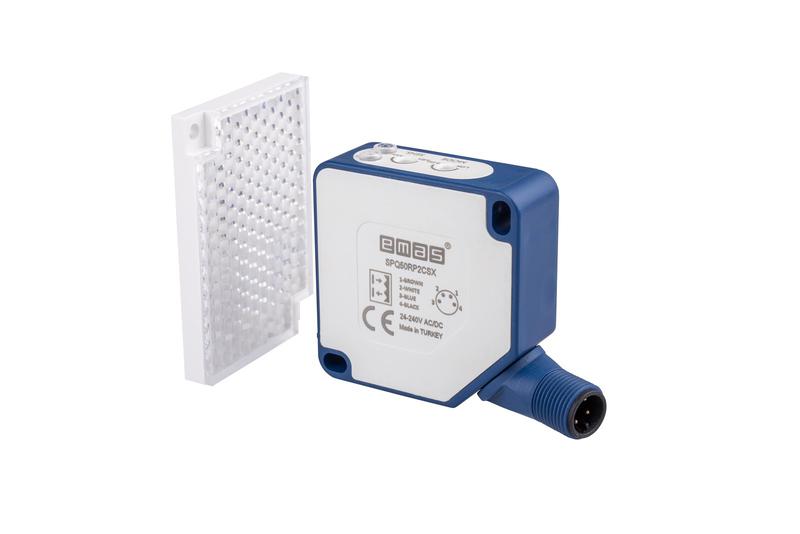 Датчик фотоэлектрический (релейный выход) разъем M12х4 (расст. сраб. 7м светоотражение max 20мс) 24-240В AC/DC IP65 EMAS SPQ50RP2CSX