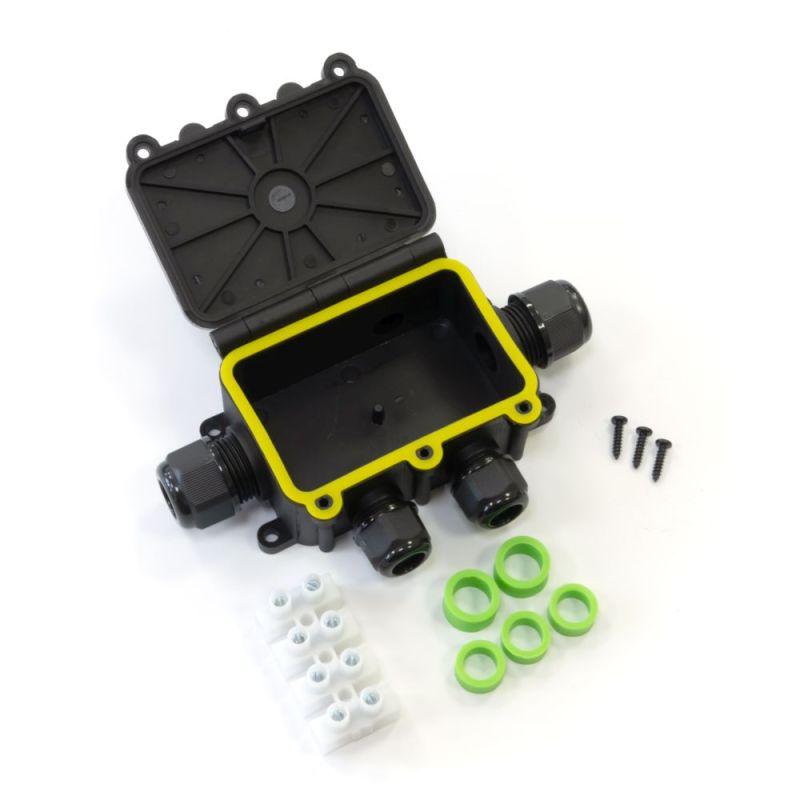 Коробка распределительная ОП 131х95х37 5-вводная IP68 ПА66 40А 450В d3.5-12мм с откидной крышкой черн. Промрукав PR08.13154