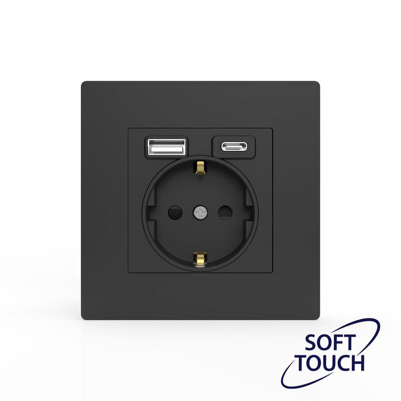 Розетка 1-м СП Pixel IP20 с заземл. с 2-мя заряд. устр. USB тип A+C механизм карбон TOKOV ELECTRIC TKE-PX-R1U2AC-C14