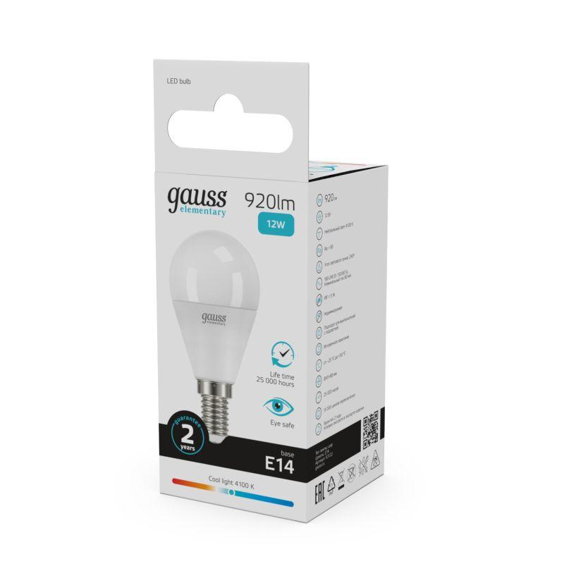 Лампа светодиодная Elementary 12Вт P45 шар 4100К нейтр. бел. E14 920лм GAUSS 53122