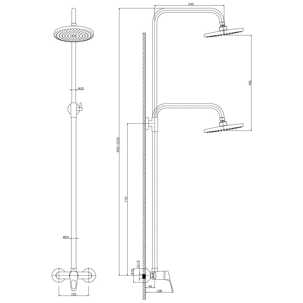 Смеситель Rossinka B для душа с регулируемой высотой штанги и лейкой Тропический дождь (B35-44)