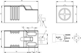 Датчик индуктивный (PNP-НЗ) кабель 2мх3 (расс. сраб. 5мм 800Гц) скрытый мотаж 10-30В DC IP67 EMAS SIQ18FP1RC2