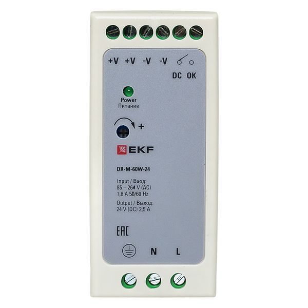 Блок питания на DIN-рейку 60Вт 220В AC/24В DC постоянного тока EKF DR-M-60W-24